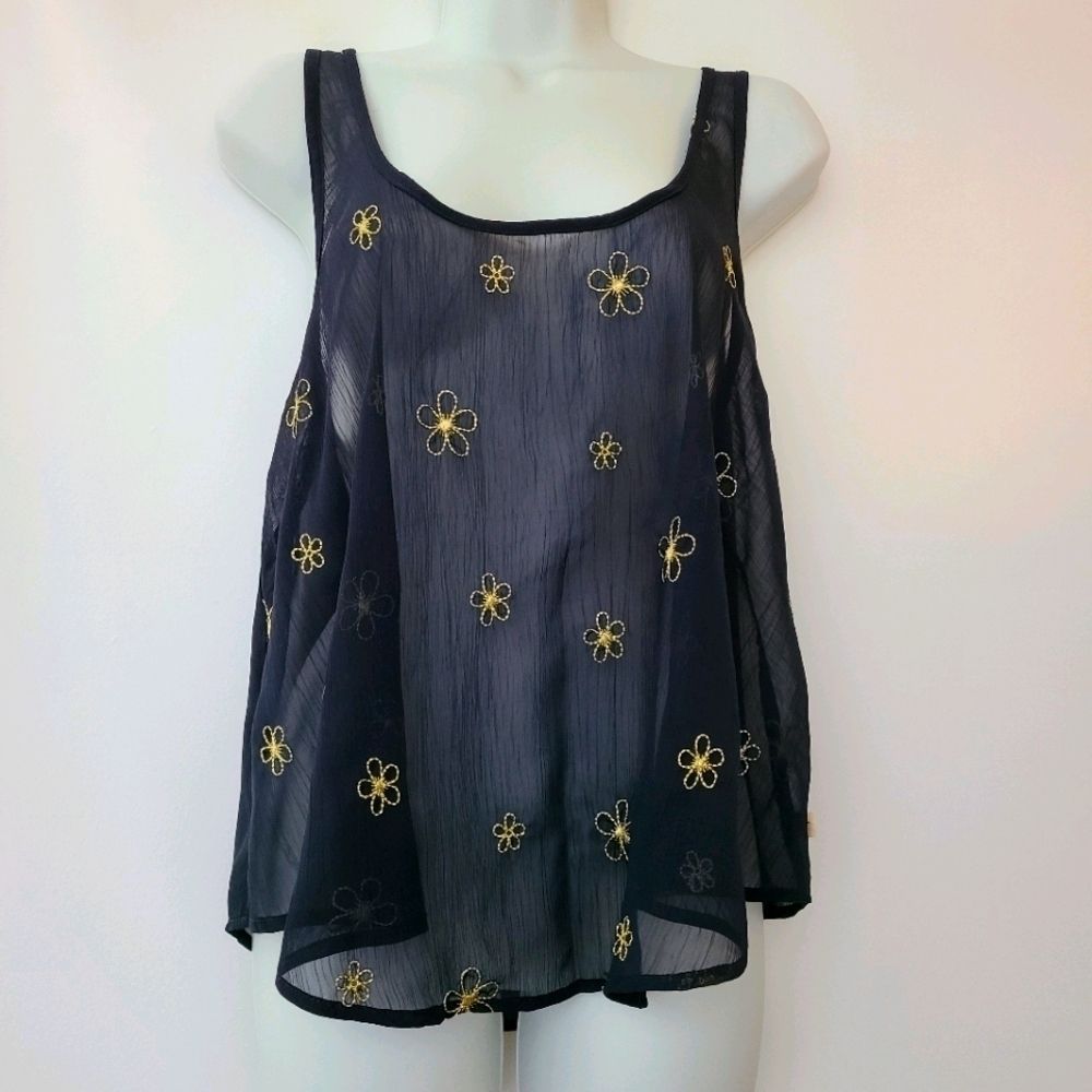 EUC Hollister Dark Blue Gold Flowers Sheer Tank M